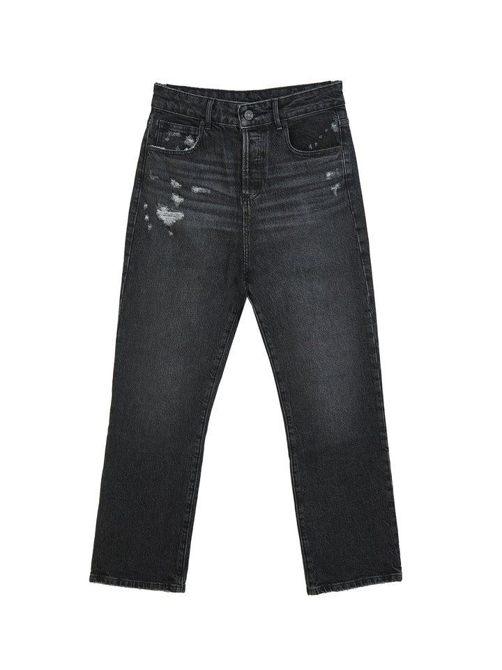 Distressed high-rise straight leg jeans